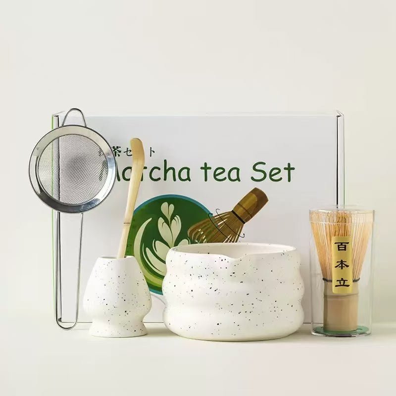 Complete Matcha Making Kit 5 - Piece - Ceramic Chawan, Chasen, Scoop, Holder & Sifter - Aoohealth